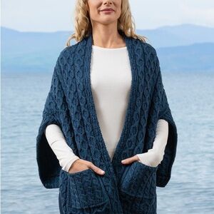Aran Crafts Navy Cable Knit Shawl with pocket